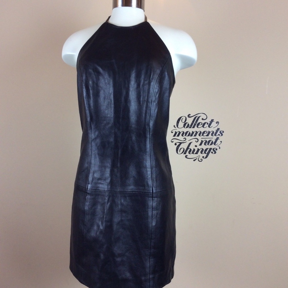 Vakko Sport 8 Black Leather Halter Dropwaist Dress